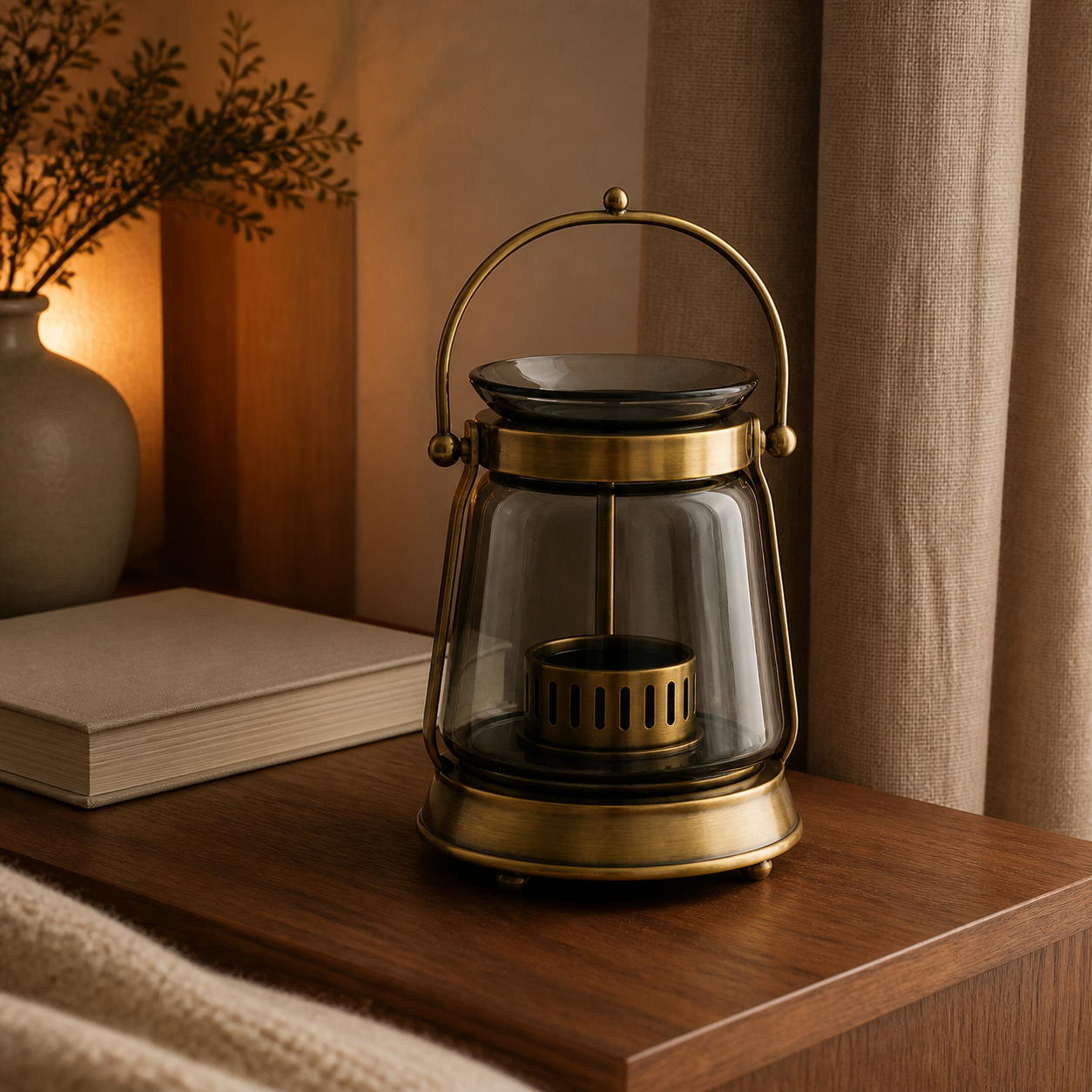 Smoked glass warmer on a walnut bedside table