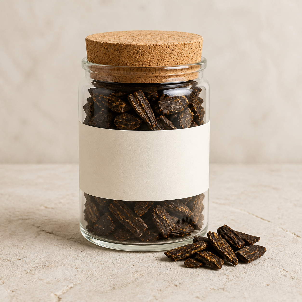 Dark resin-rich agarwood chips in a clear glass jar