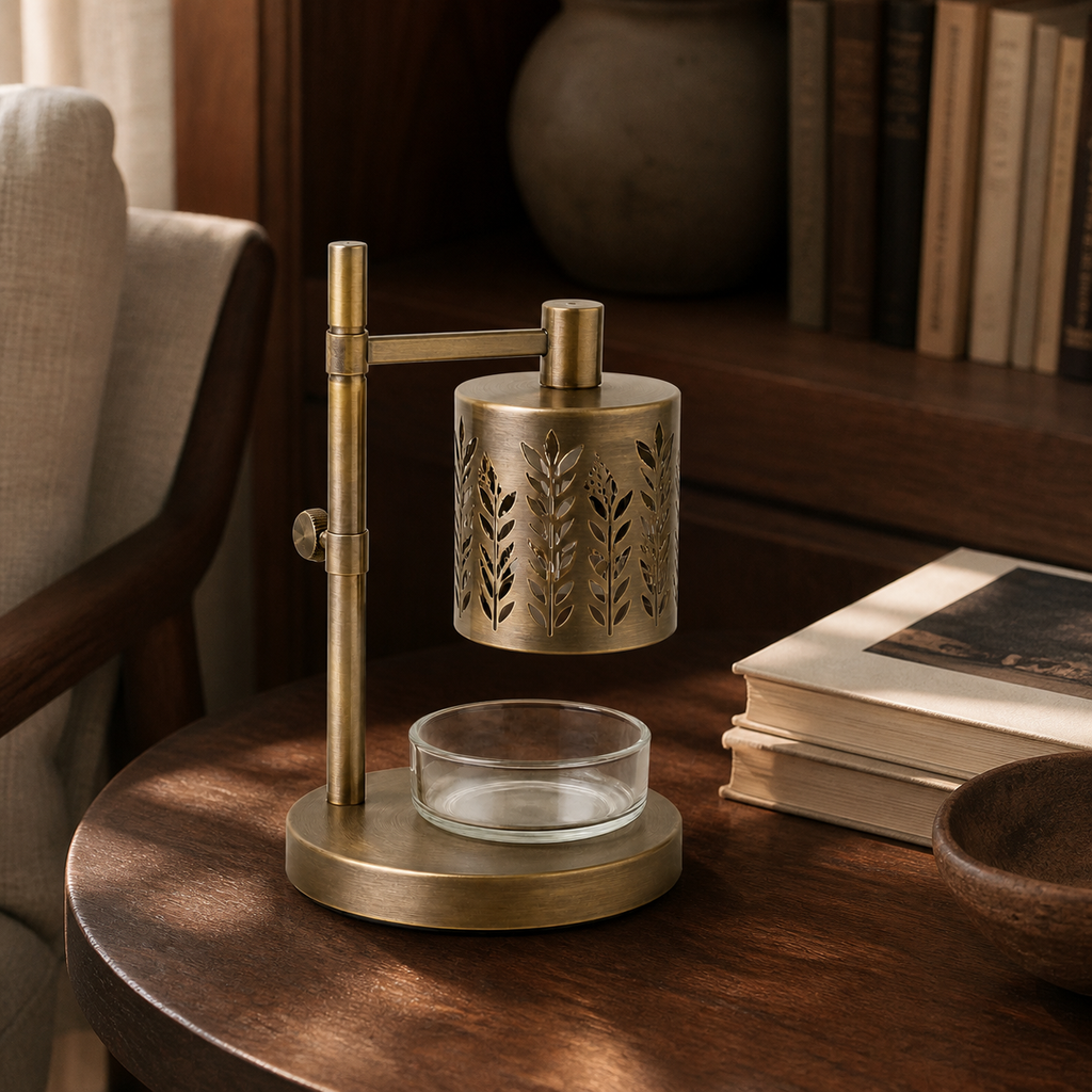 Aged brass warmer in a warm reading nook