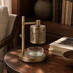 Aged brass warmer in a warm reading nook