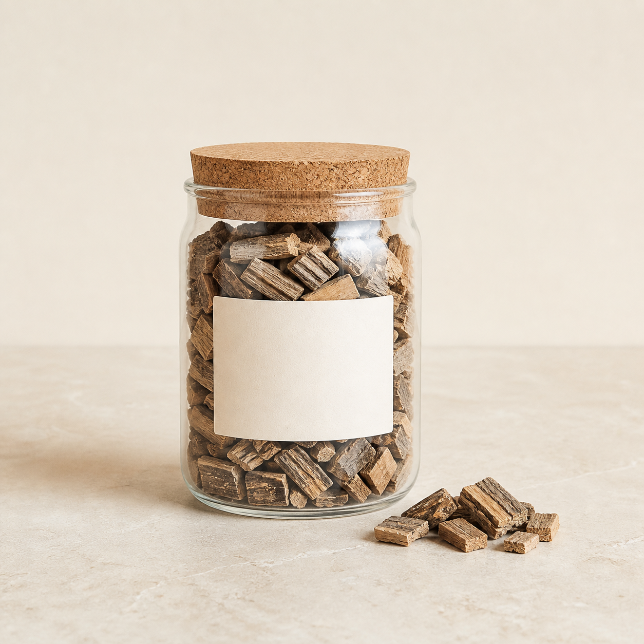 Silvery brown juniper chips in a clear glass jar