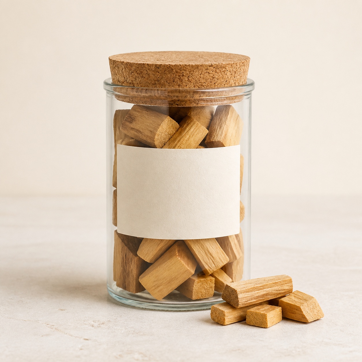 Pale honey-coloured palo santo chips in a clear glass jar