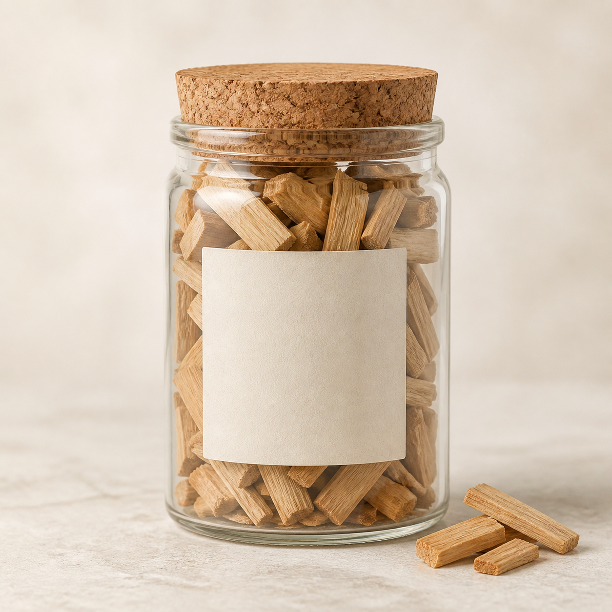 Golden sandalwood chips in a clear glass jar