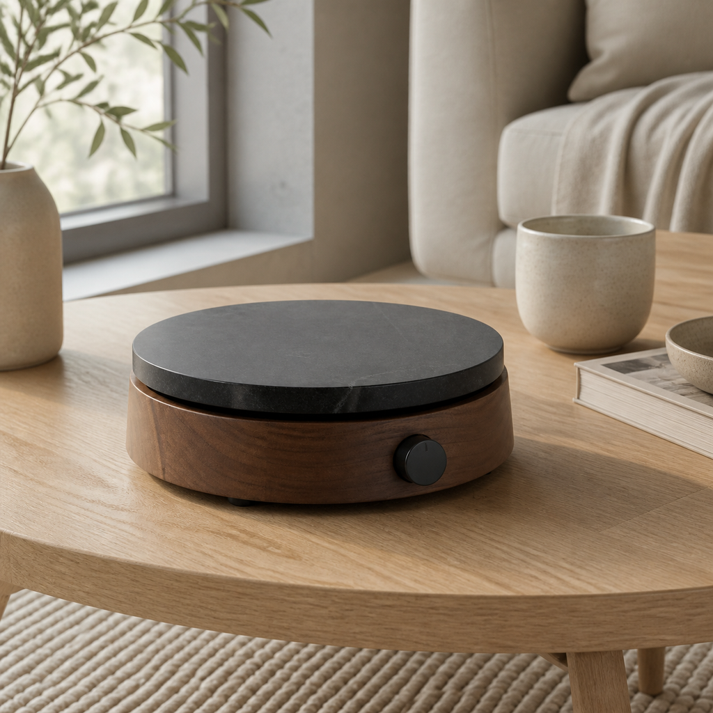 Stone warming plate on a minimalist coffee table