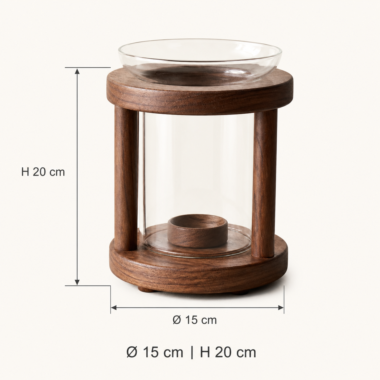 Walnut warmer dimensions: 15 cm diameter and 20 cm high