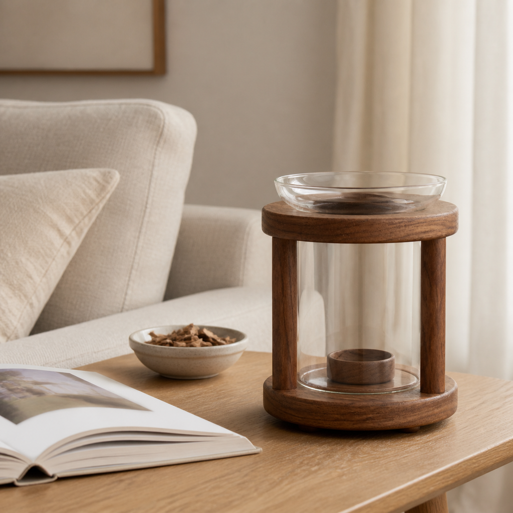 Walnut botanical warmer on a light wood side table