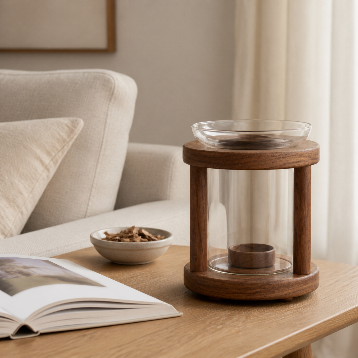 Walnut botanical warmer on a light wood side table